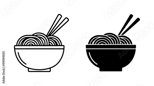 Noodle bowl with chopsticks line and glyph icon set