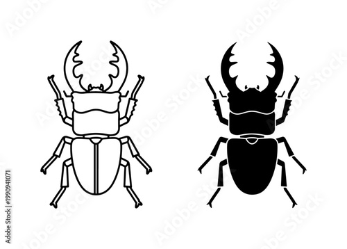 Stag Beetle Silhouette and Outline Vector Set