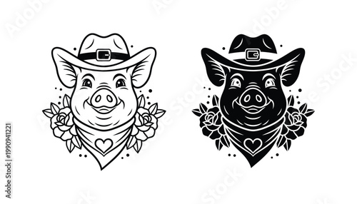Stylized tattoo style illustration of a pig head wearing a cowboy hat and neckerchief with flowers for unique character design