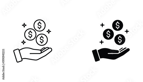 Minimalist vector icon of a hand holding floating dollar coins representing earnings investment gains and financial wealth