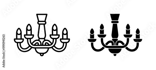Elegant Chandelier Icon Set in Line and Solid Style