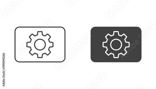 Settings gear icon inside a rectangular frame for user interface configuration and system preferences in clean vector graphic style