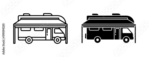 Camper Van with Awning Line and Silhouette Icon Set