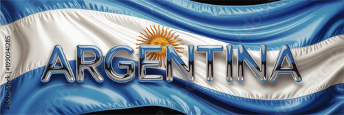 Argentina flag with glossy 3D text and Sun of May on waving blue and silver fabric banner, patriotic national background