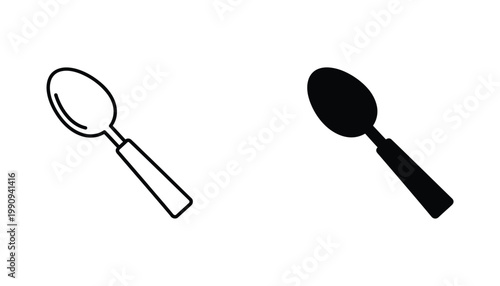 Kitchen spoon utensil icon set for cooking and dining applications in outlined and solid black styles for culinary and food design