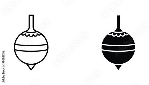 Spinning top toy icon set for childhood games and entertainment as minimalist line art and solid black vector
