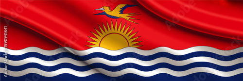 Waving Flag of Kiribati with Golden Frigatebird Rising Sun and Ocean Waves, Patriotic National Symbol Background
