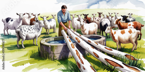 Watercolor farm illustration of goat herder leading spotted goats to stone troughs in sunny pasture landscape