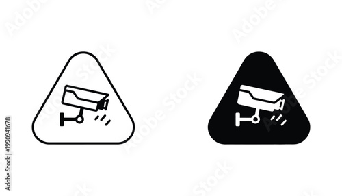 CCTV surveillance camera warning icon for security monitoring as minimalist line art and solid black vector set