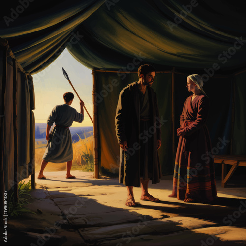 Biblical tent camp scene with man and woman in conversation, guard with spear at entrance, dramatic light digital painting