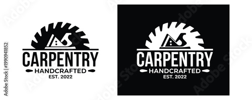 Carpentry Handcrafted Logo Design with Saw Blade and Plane Icon