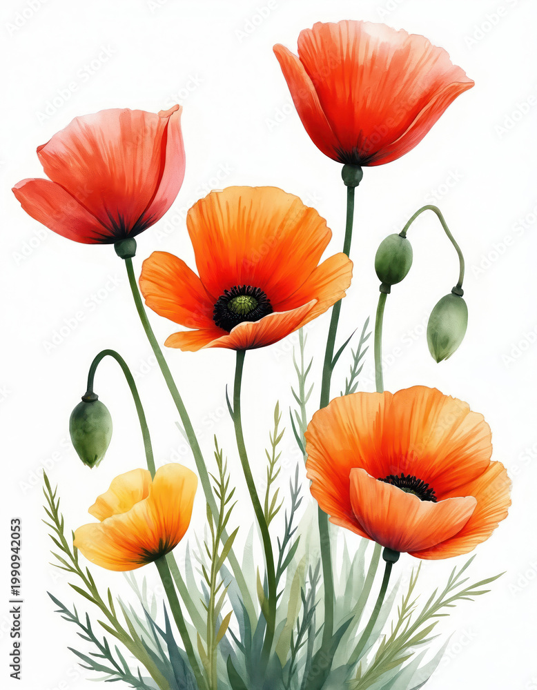 Fototapeta premium Vibrant watercolor painting of scarlet and orange poppies with green buds. Delicate petals and stems bloom in a field of soft green grass. Artful floral composition for summer themes.