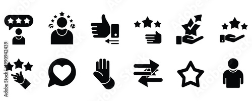Black icons of ratings and feedback on white background for business and design