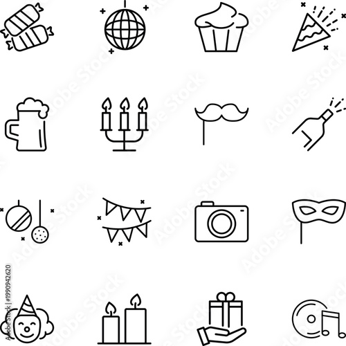 Party celebration event icons set, disco ball, cupcake, beer mug, party hat, champagne, gift, mask, camera