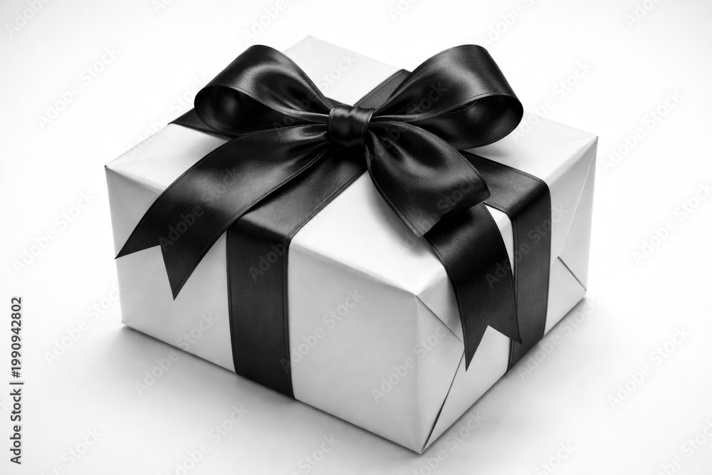 Fototapeta premium Detailed image of a black and white holiday gift box tied with a festive bow against white backdrop