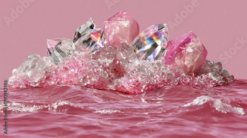 sparkling pink crystals and diamonds rest on a glossy surface with elegant shine and luxury glamour on a soft pastel background