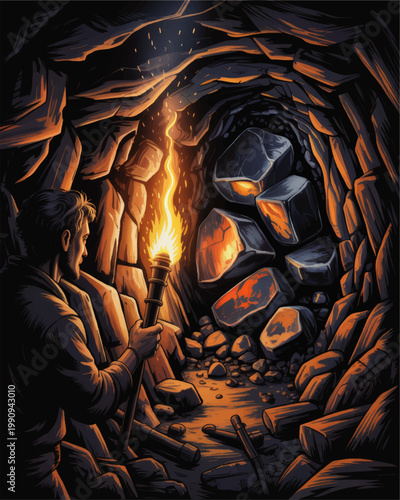 Torchlit explorer inside collapsed cave tunnel with glowing rocks, dramatic underground adventure scene in dark illustrated style