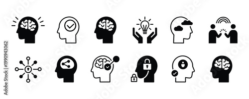 Black and white icons of human heads with thoughts and ideas