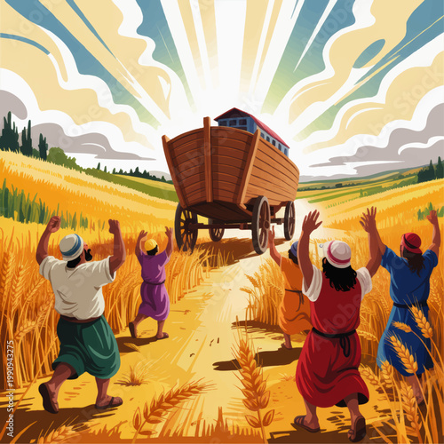 Noah Ark in Golden Wheat Field with Celebrating People Under Dramatic Sun Rays, Biblical Flood Story Illustration