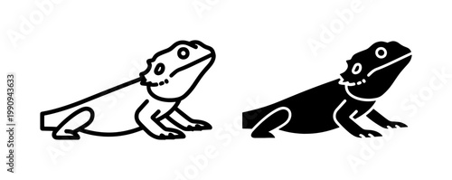 Bearded Dragon Lizard Line and Silhouette Icon Set