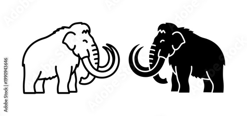 Woolly Mammoth Outline and Silhouette Vector Icons