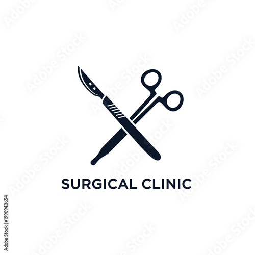 Surgical clinic logo with scalpel and scissors.
