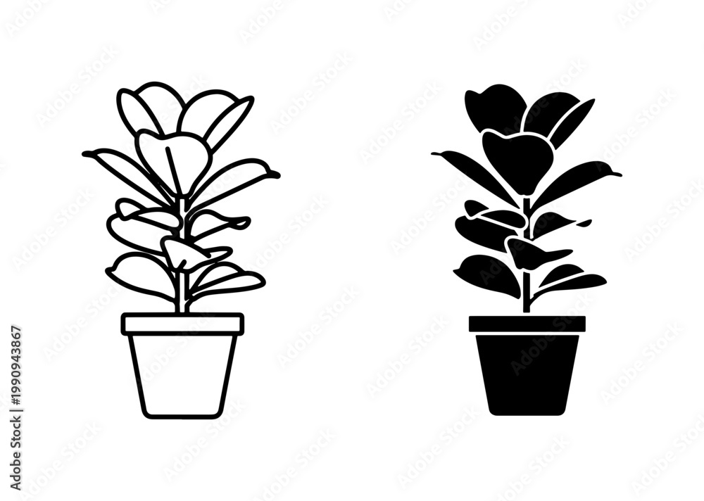 Obraz premium Fiddle Leaf Fig Potted Plant Outline and Silhouette Icon
