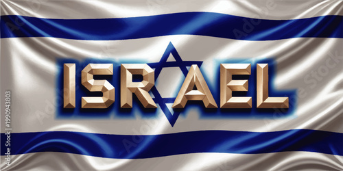 Israel Text on Waving Israeli Flag with Star Symbol, Patriotic National Banner Illustration in Blue and White