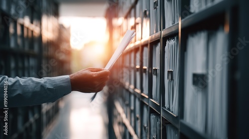Hand of businessman searching for document in office filing cabinet drawer