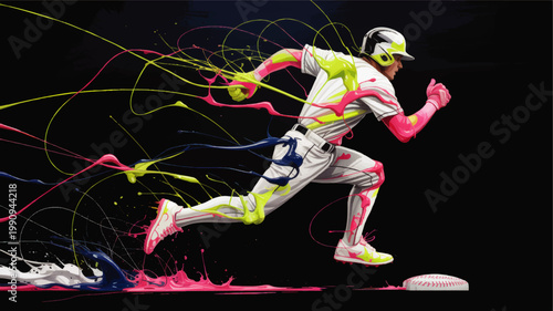 Dynamic softball player sprinting with neon paint splashes on black background, energetic sports illustration with motion