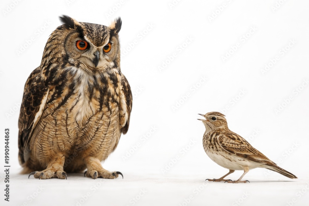 Obraz premium White backdrop featuring a vigilant owl observing a lively lark nearby