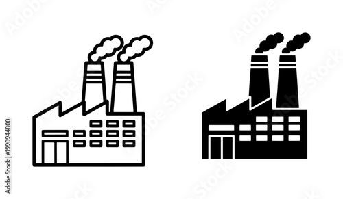 Industrial Factory Building Icon Set with Smoking Chimneys