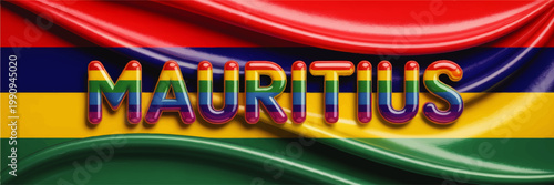 Mauritius Pride Flag Background with Rainbow Text, Glossy LGBT Celebration Banner for Equality, Inclusion and Identity
