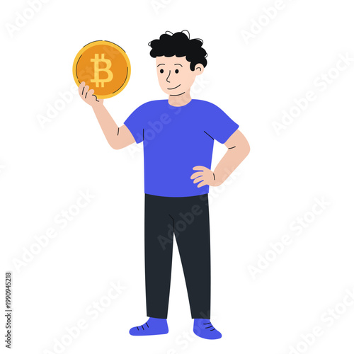 Crypto man holding Bitcoin coin, cryptocurrency investor concept, confident person showing digital currency symbol, successful crypto investment idea, fintech illustration, blockchain technology.