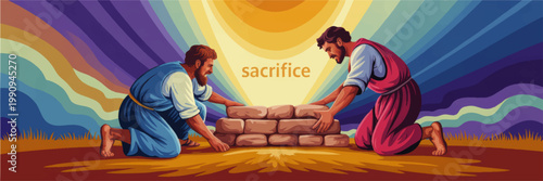 Biblical Sacrifice Illustration with Two Men Building Stone Altar Under Radiant Sunlight, Spiritual Faith Concept Art