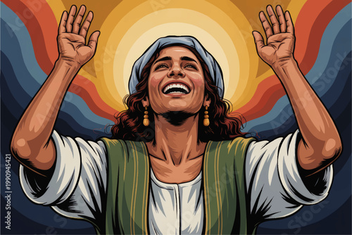 Joyful woman raising hands in prayer and praise, radiant spiritual illustration with retro sunburst and colorful waves