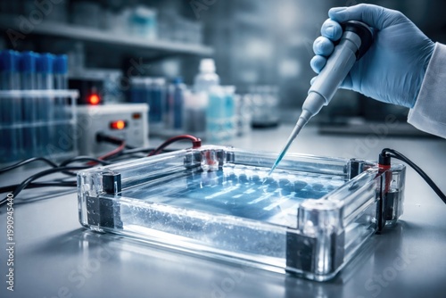 Laboratory process of DNA isolation by running agarose gel electrophoresis with copyspace for text