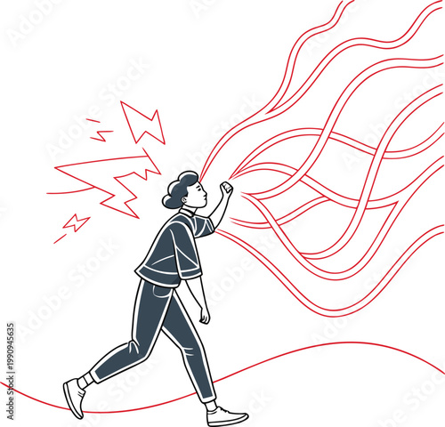 Woman running from thoughts, anxious person, mental health concept, stress and anxiety, vector illustration