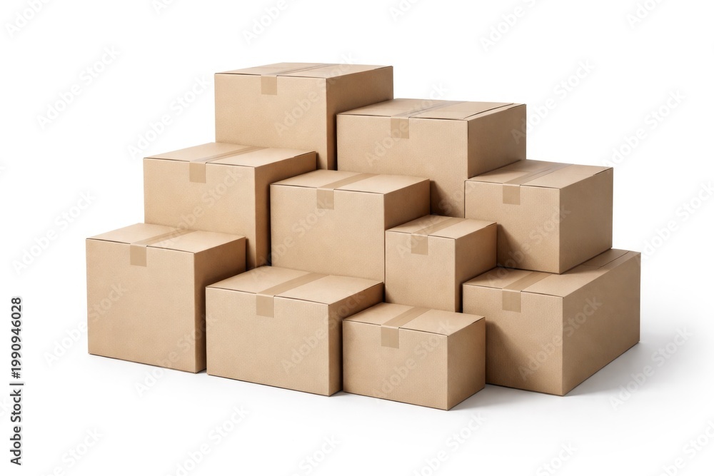 Fototapeta premium Beige corrugated cardboard boxes in multiple sizes stacked neatly on a white surface