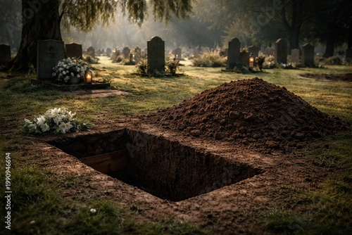 Tranquil cemetery with undisturbed vacant grave and moist soil mound
