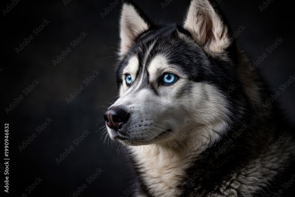 Fototapeta premium Close up portrait of a Siberian Husky dog with blue eyes looking right against a dark backdrop