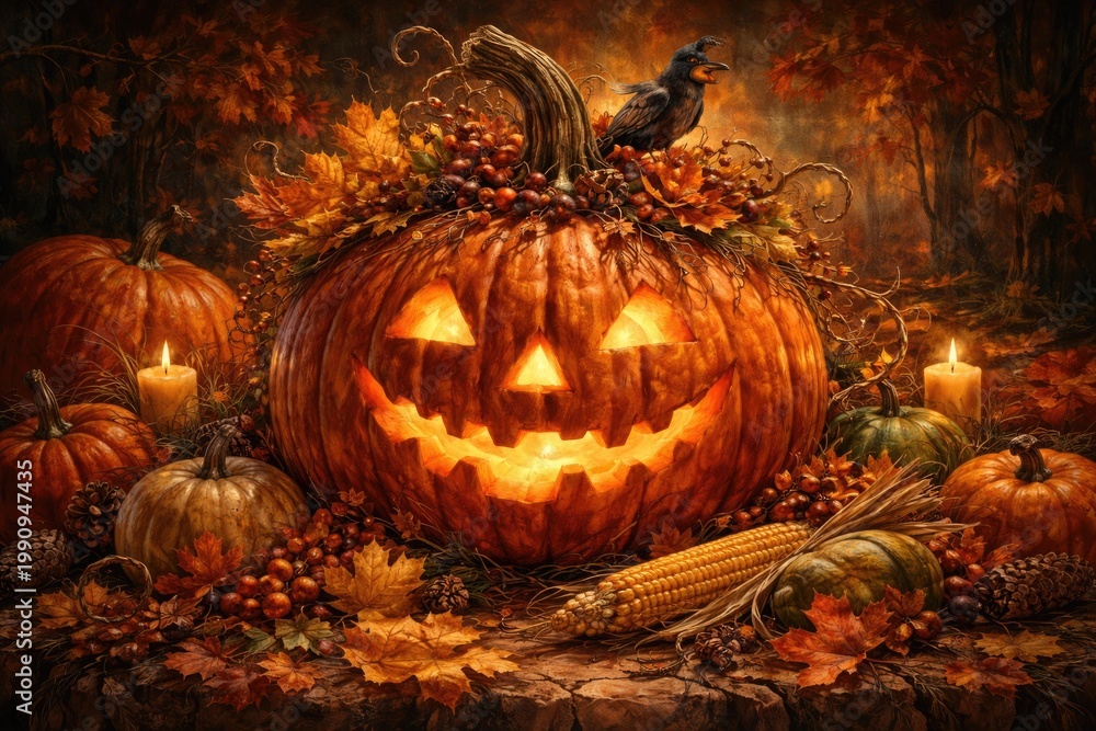 Fototapeta premium Whimsical pumpkin artwork reflecting the spirit of Halloween and autumn bounty