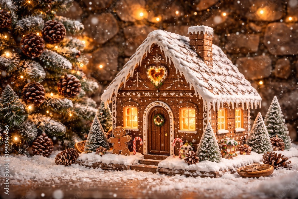 Fototapeta premium Festive homemade gingerbread house surrounded by snowflakes and pine cone decorated Christmas tree on stone wall