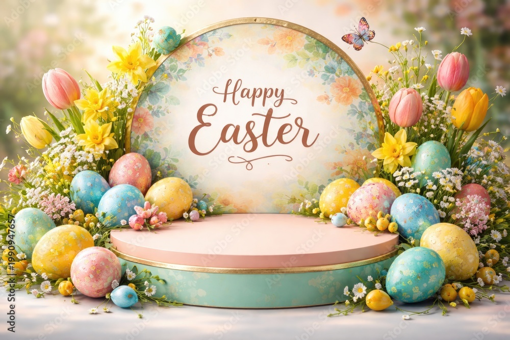 Fototapeta premium Easter themed product display platform with colorful eggs and holiday branding