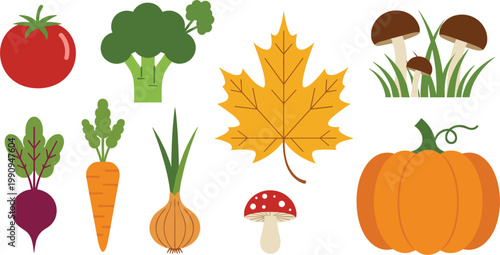 Autumn harvest vegetables and leaves with mushrooms in flat design style