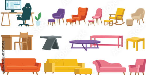 Collection of modern furniture pieces for home and office interiors