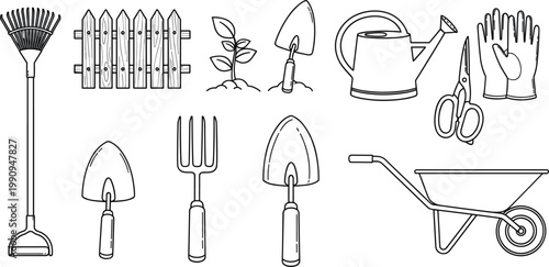Gardening Tools Collection with Watering Can and Wheelbarrow in Clean Line Art