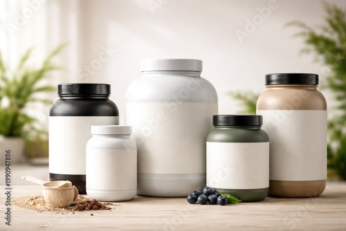 Modern showcase of diverse protein powder jars with wide copy space for promotional messages suitable for wellness advertising