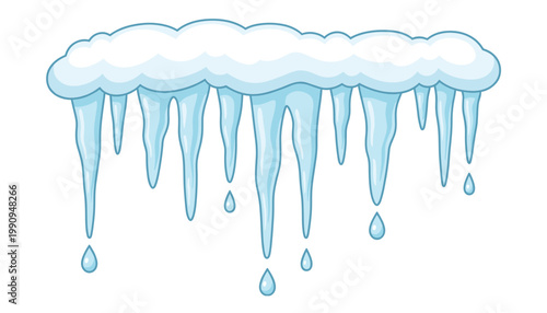 Melting icicles with dripping water drops and snowflakes vector art on transparent background.