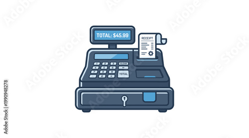 Cash register with receipt and display showing total on white background vector.